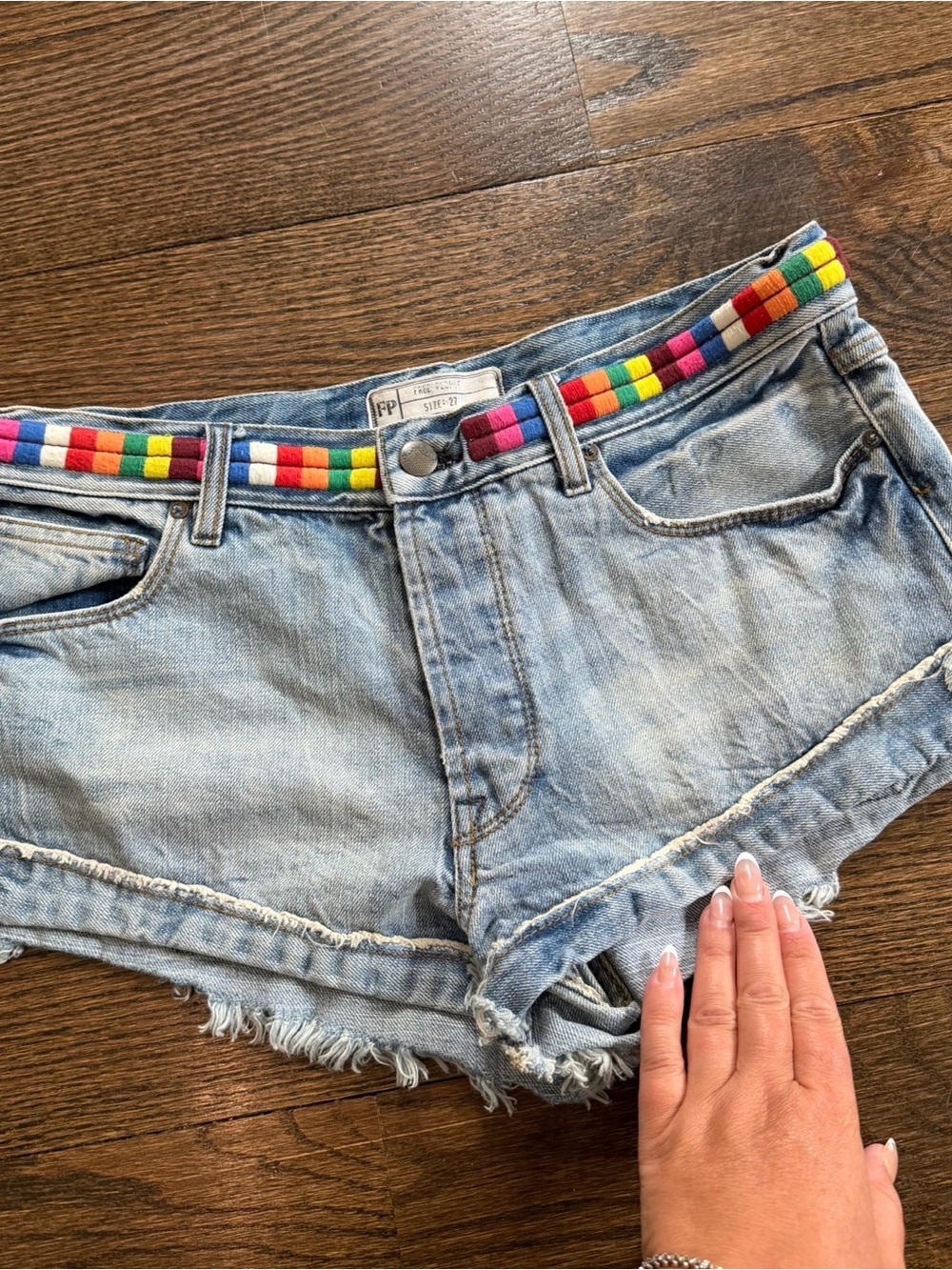 Womens Free People Light Wash Denim Shorts with Multicolor embroidered detail